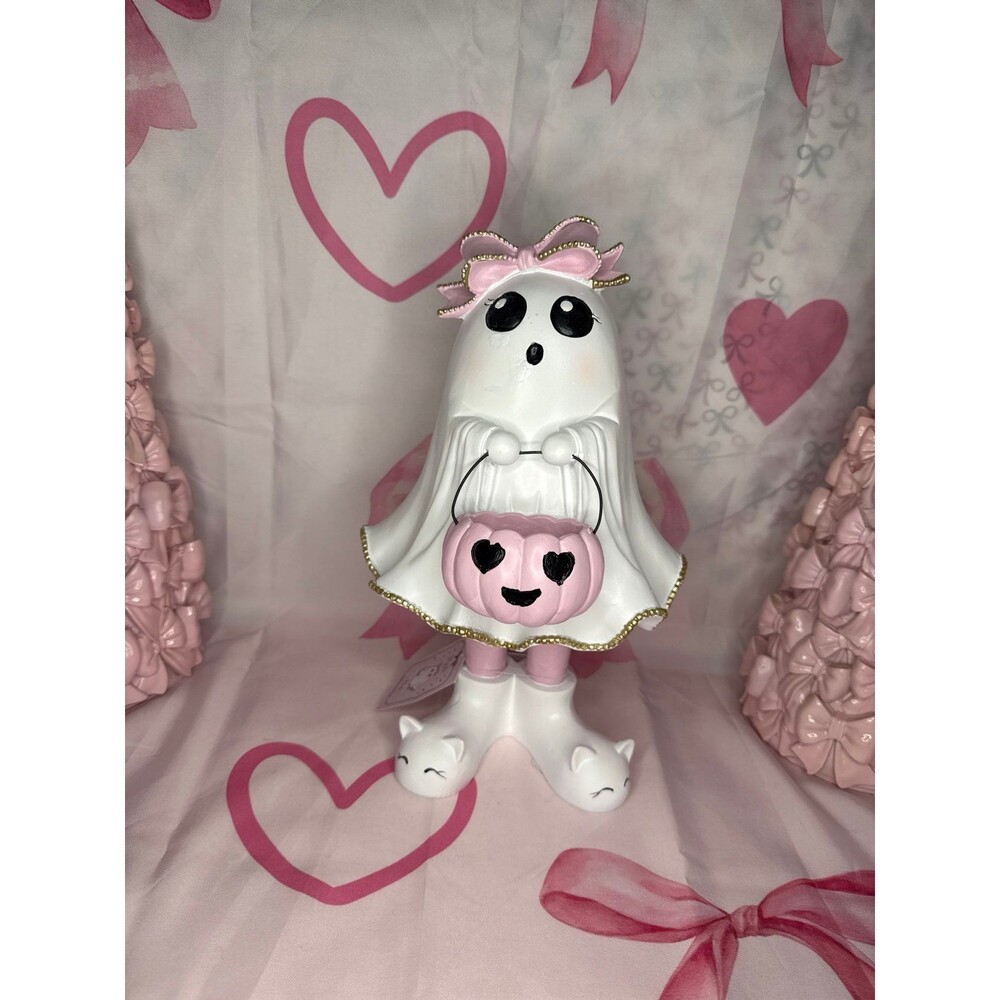 Coquette Ghost Pink Pumpkin Figurine Halloween Decor Spooky Cute Shelf Sitter